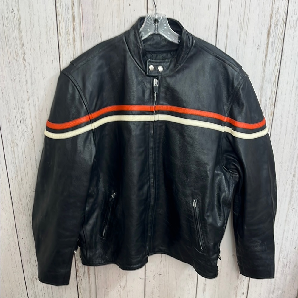 Interstate Leather 100% Black Orange Varsity Bomber Motorcycle Jacket Striped